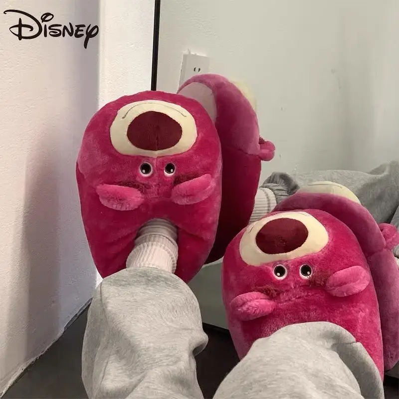 

Kawaii Disney Lotso Strawberry Bear Flat Shoes Cotton Slippers Women Home Indoor Non Slip Thick Bottom Warm Slippers House Shoe