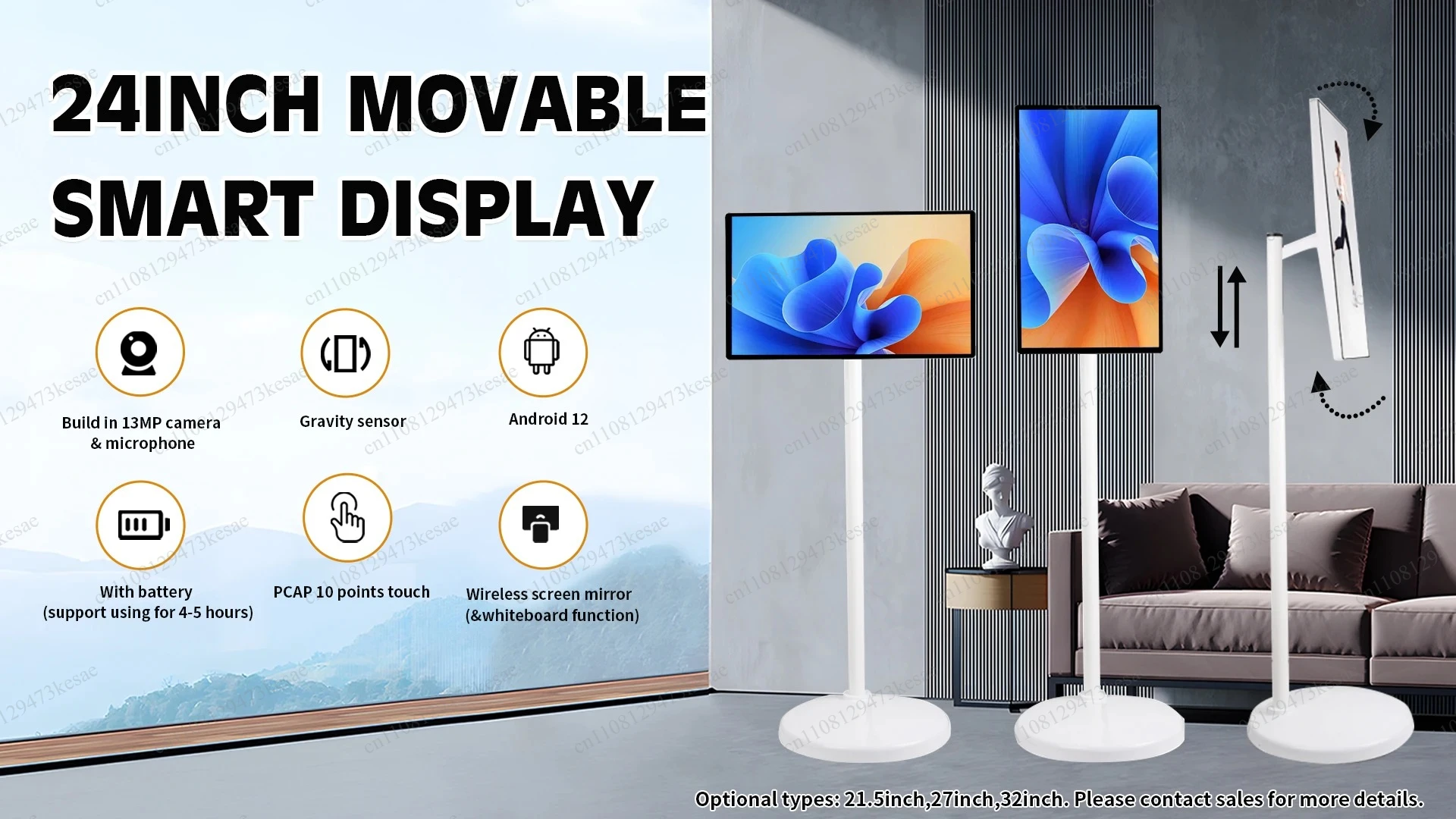 24 Inch Portable Smart TV Movable Touch Screen Monitor Wireless Projection Fitness Gym Live Streaming Entertainment Center