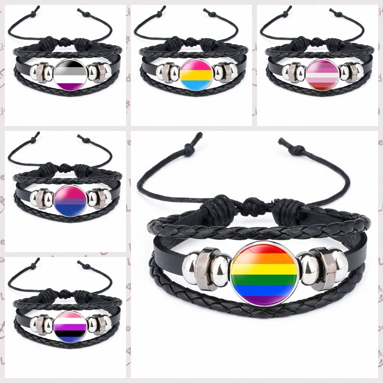 Fashion Jewelry Leather Ornament Bracelet Simple Rainbow Flag Lesbian Glass Pendant Bracelet LGBT