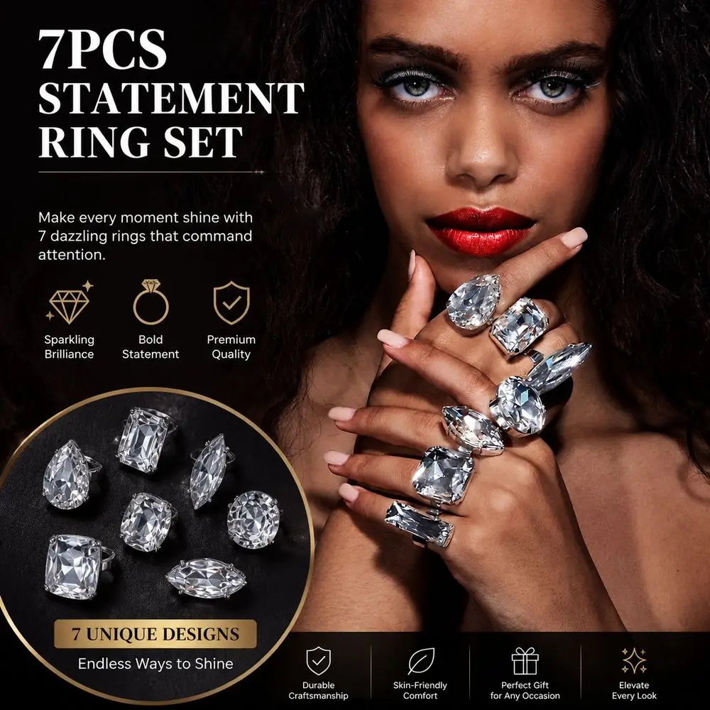 7PCS Square Shape Square Rhinestone Ring Rhinestone Crystal Heart Shape Vintage Wedding Ring Exaggerated Giant Large Size