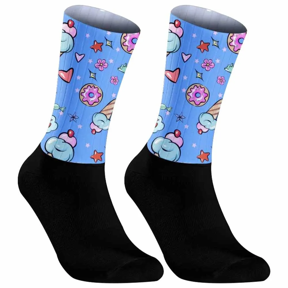 Team Cycling Socks Anti Slip Seamless Silicone Running Sport Road Bike Socks Rainbow ice cream pattern Cycling Socks New