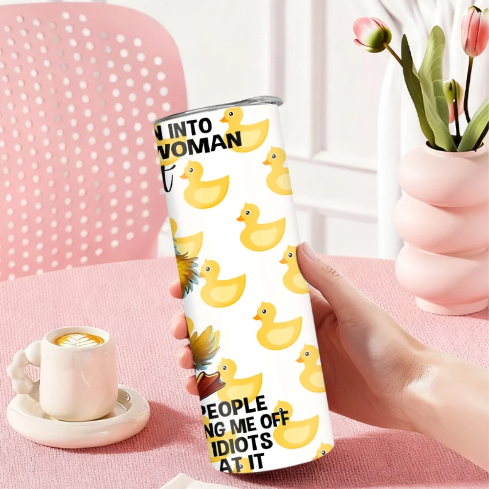 1pc Stainless Steel Water Bottle/Cup with Angry Rubber Duck Pattern – 20oz (591ml) – With Straw