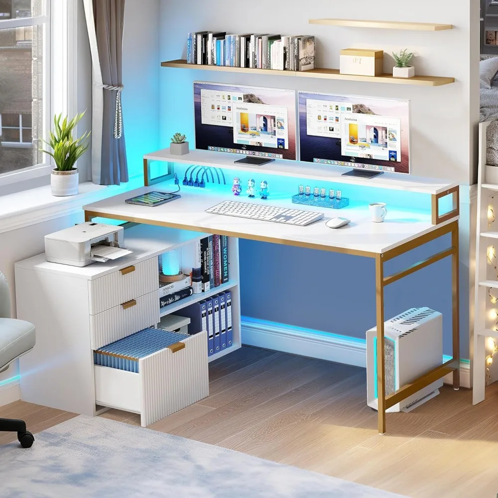 

DWVO L Shaped Desk with File Cabinet & Power Outlets, 55" with Drawers, Corner Desk Office Desk with LED Light, White & Gold