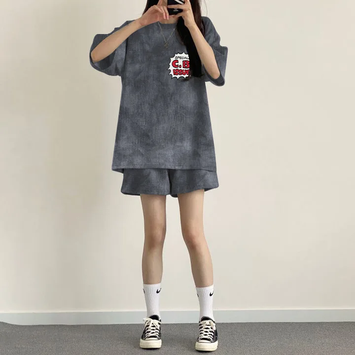 

Women's Summer Print Short Sleeve round Neck Two-Piece Set Casual Sportswear Pleated Fabric Student Uniform Short Shorts