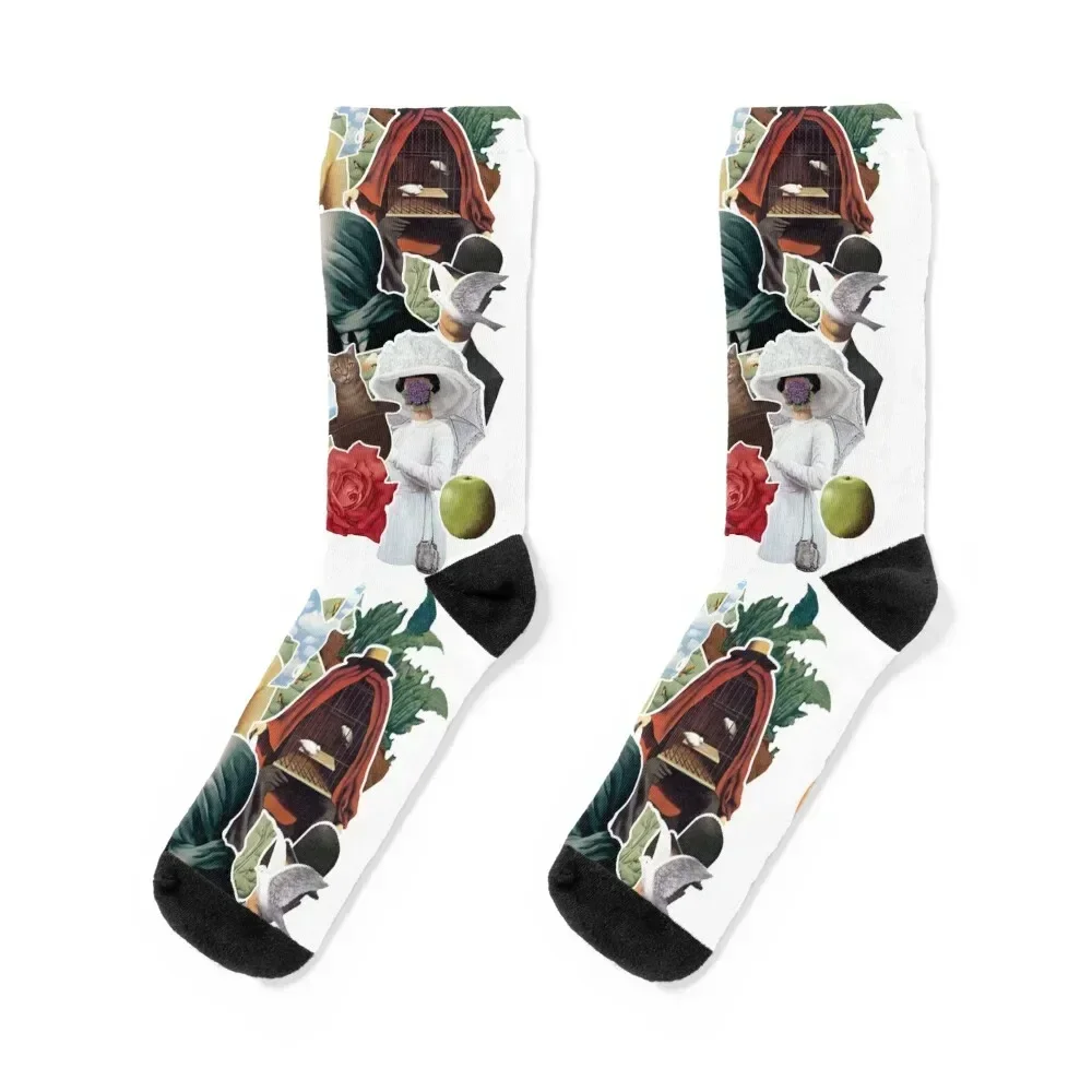 Magritte Surrealist Art Sticker Collage Socks sports and leisure anti-slip Soccer winter thermal Socks Man Women's