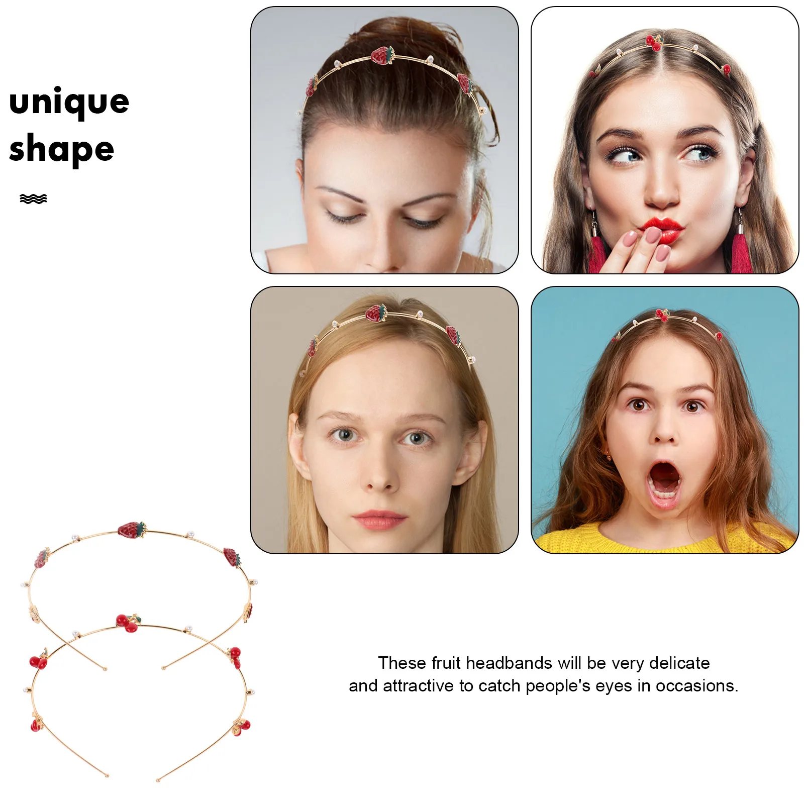 

2 Pcs Cherry Strawberry Headbands Women Sweet Lovely Hair Accessories Golden Alloy Hoops Durable Wedding Party Gifts