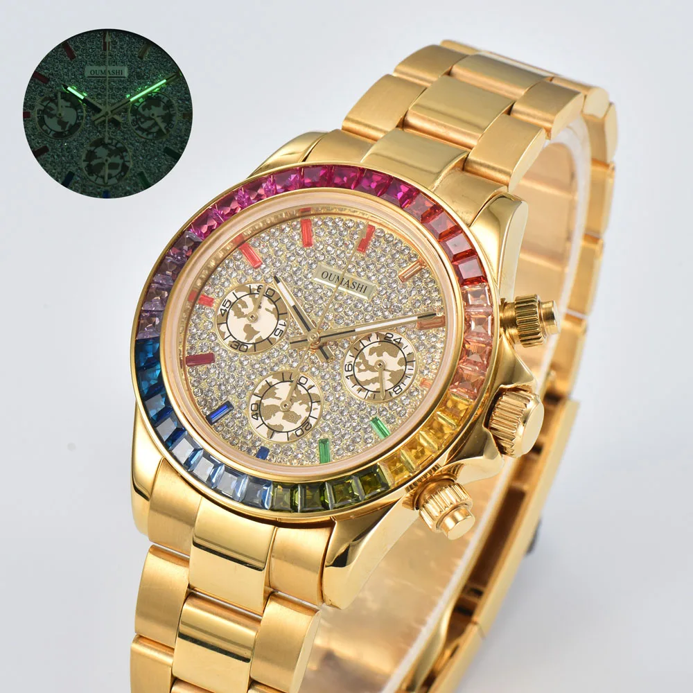 นาฬิกาควอตซ์ VK63 หรูหราสำหรับผู้ชาย ขนาด 39.3 มม. พร้อมขอบหน้าปัดประดับเพชรและหน้าปัดประดับคริสตัล สายสแตนเลสสตีล 316L สามารถสั่งทำโลโก้ได้