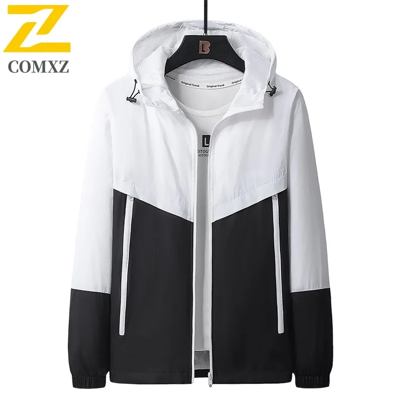 COMXZ Men Hooded Jacket Color Blocking Outdoor Adventure Hiking Camping Hunting Windbreaker Coat Autumn Adventure Techwear Coat