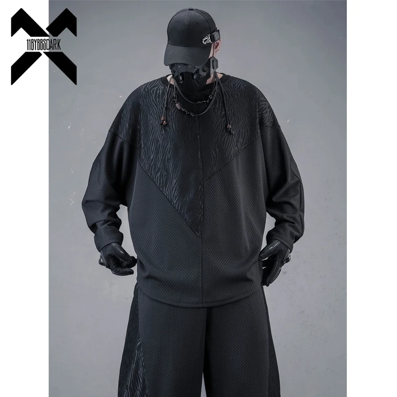 Men's Autumn Dark Long Sleeve T-Shirt Textured Wrinkle Resistant Loose Fit tshirt Batwing Sleeve Pullover Top Streetwear Y2K