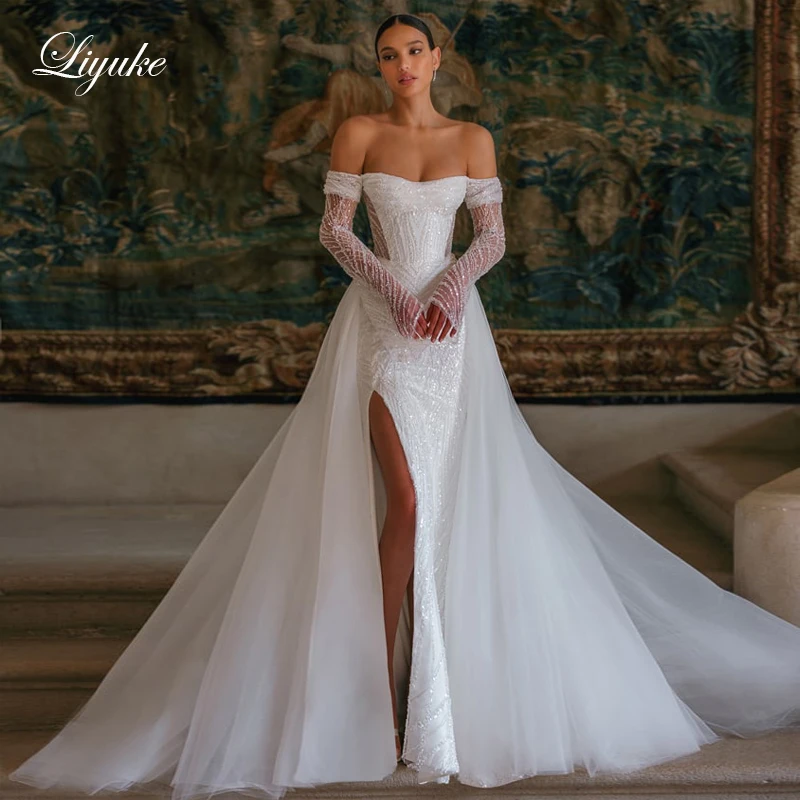 

Liyuke Luxurious Fitted Mermaid Bridal Gown Made Of Exclusive Beaded Lace Off The Shoulder Sleeves Front Split Wedding Dresses