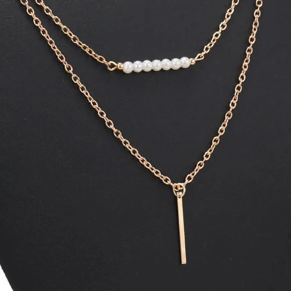 Women 3 Layer Choker Necklace Long Bar Faux Pearls Sequins Pendant Short Necklace Adjustable Extension Chain Necklace Jewelry