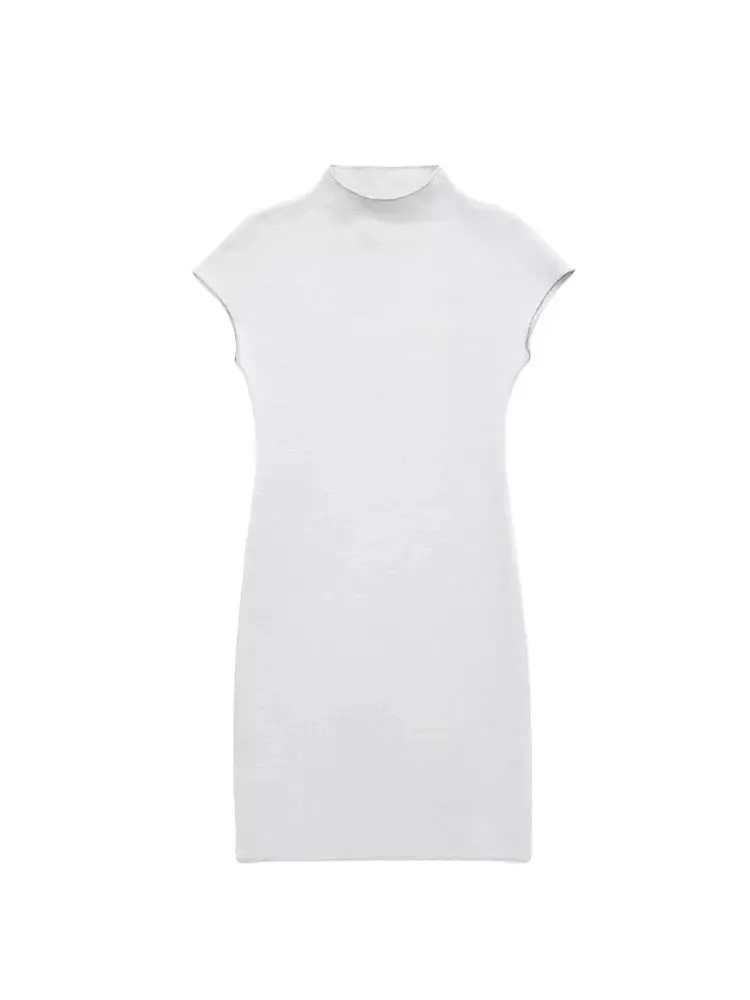 TRZA Women Fashion Stretch Knit Mini Dress Vintage High Neck Sleeveless Female Dresses Vestidos Mujer