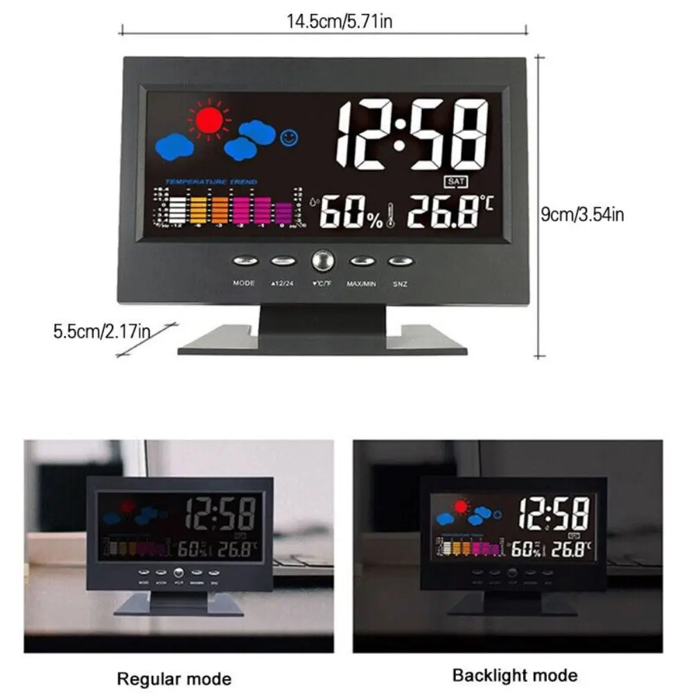 LCD الإضاءة الخلفية الرقمية غفوة المنبه ، محطة توقعات الطقس ، درجة الحرارة الداخلية ، وقت الرطوبة ، عرض التاريخ #5