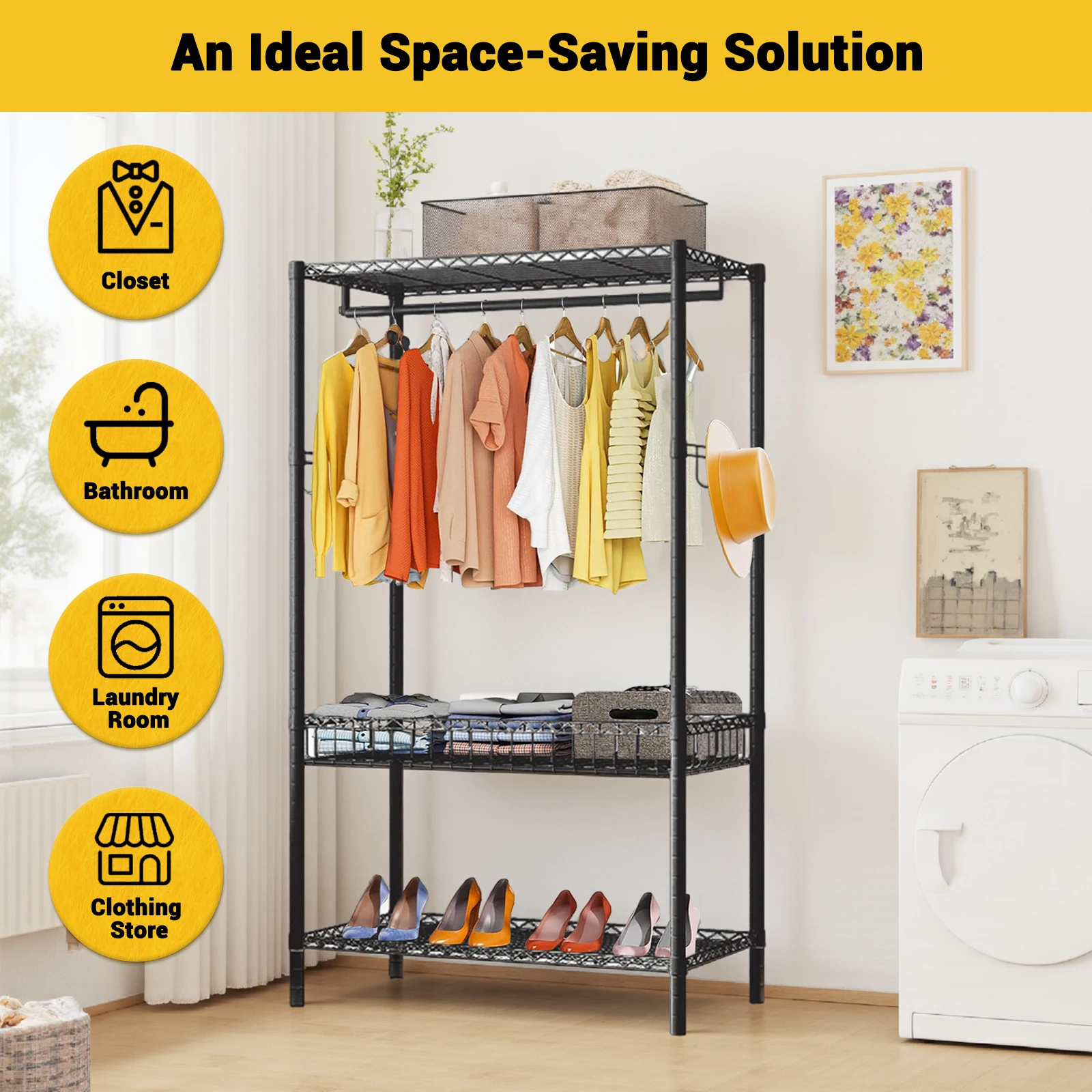 Heavy Duty Garment Rack, Portable Clothes Rack For Hanging Clothes, Wardrobe Storage Rack With 2 Shelves And 1 Hang Rod