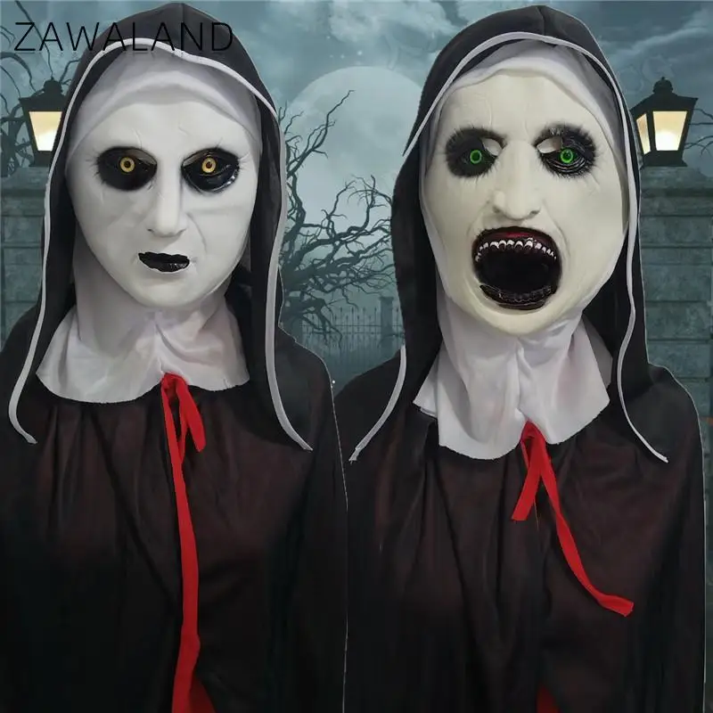

Zawaland Valak Nun Mask with Rosary Halloween Face Costume Accessories Adult Latex Cosplay Props Horror Themed Party Wear