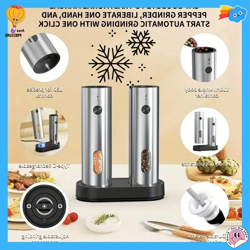 

USB Rechargeable Automatic Pepper Grinder Salt And Pepper Mill Adjustable Coarseness Spice Grinder with LED Light for Kitchen