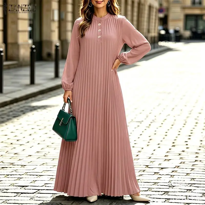 ZANZEA Women Dresses Plus Size Elegant Stylish Stand Neck Long Sleeve Pleated Sundress Robe Femme Casual Work Maxi Long Dress