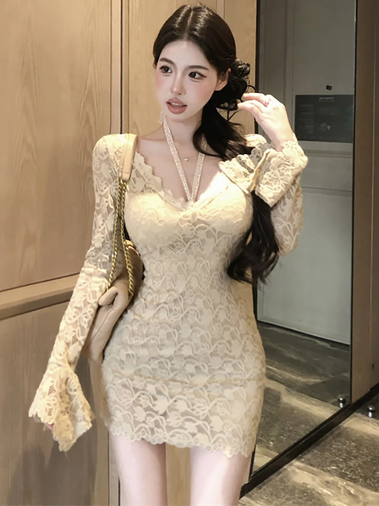 Spring Autumn Lace Jacquard Long Seeve V-Neck Dress Women Elegant Casual Kawaii Dress 2026 Korean Fashion Bodycon Short Dresses