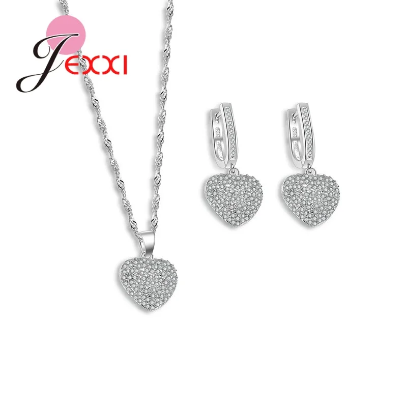 Women Best Gift Jewelry Sets Necklace + Earrings Wedding Sets Lonely Heart Pattern 925 Sterling Silver Crystal Bijoux Set