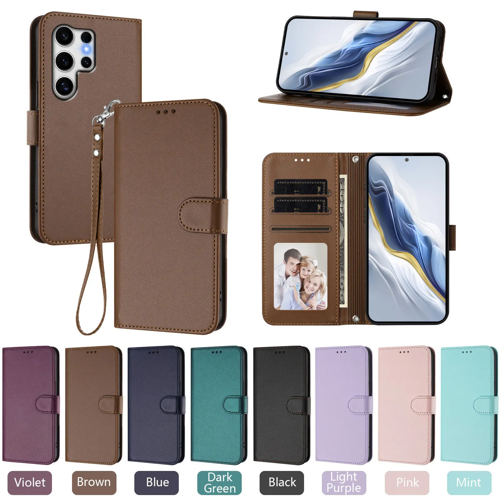 Lanyard Plain Leather Flip Case For  Samsung Galaxy Wide 8 7 A Quantum 6 Buddy 5 Jean2 Jump 4 3 Wristlet Grip Wallet Phone Cover