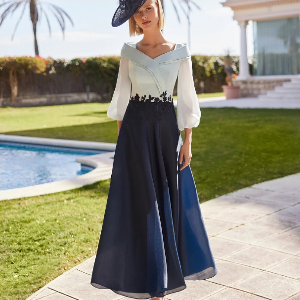 Customized Light Blue Fold V Neck Puff 3/4 Sleeve Mother Of Bride Dress Color Block Lace Panel A Line Midi Dress Formal Outfit