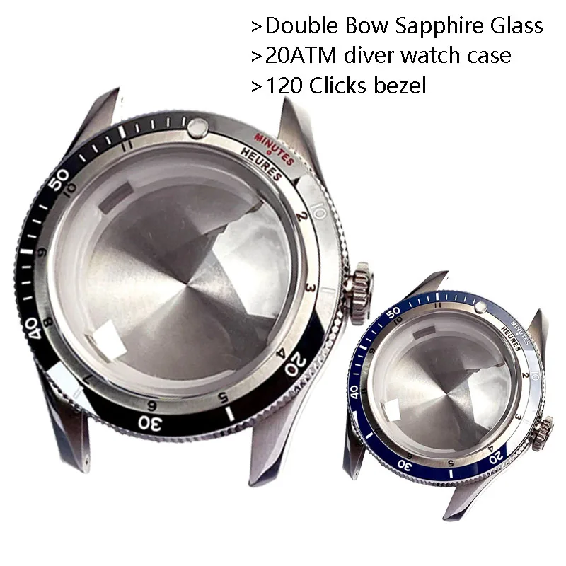 20ATM Diving 40mm Double Bow Sapphire Glass Watch Case Sapphire Glass Fit Automatic NH35A NH36A ETA2824 PT5000 Bezel 120 Clicks