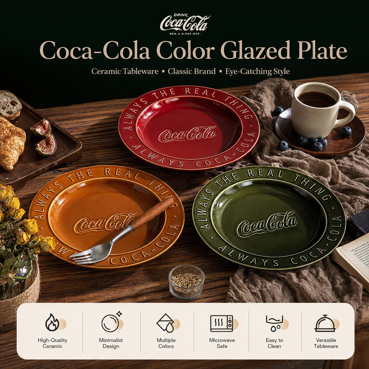 Coca-Cola Retro Ceramic Dinner Plate 22.7cm Microwave Dishwasher Safe Embossed Tableware for Steak Salad Dessert Kitchen, Dining