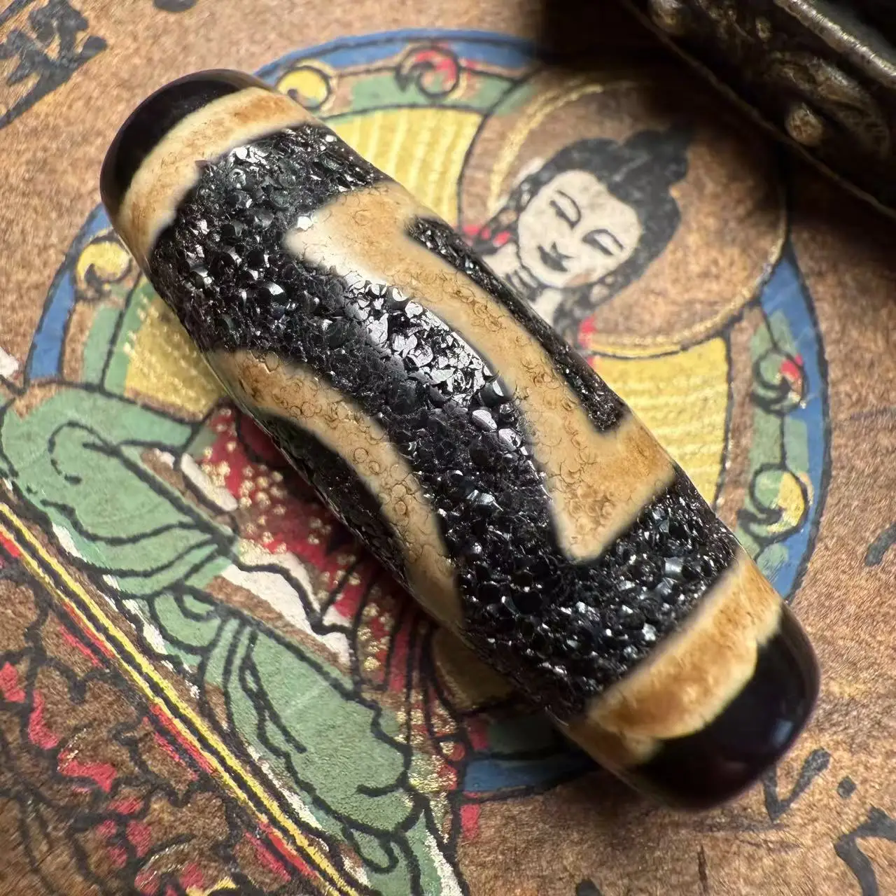 ancient beads West Asia  old gas-coated pulp pure hand-carved heaven and earth pattern dzi pendant 37x12.5mm