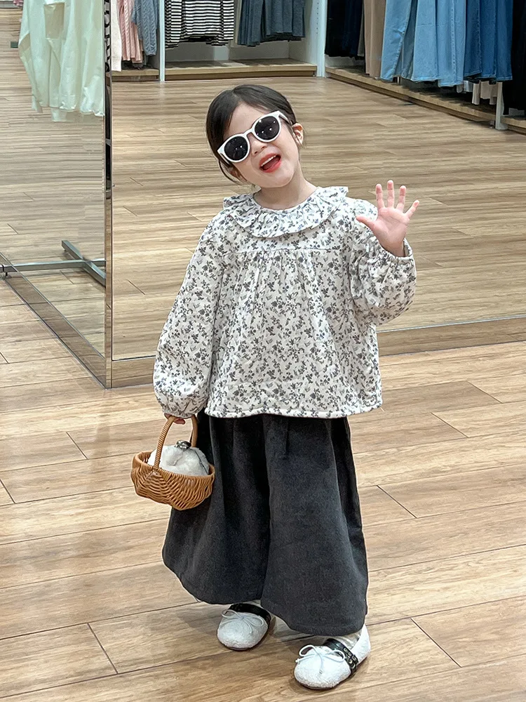 Girls Mori Style Suit2024Autumn and Winter New Floral Doll Collar Warm Top Casual Wide-Leg Pants Children's Fashion