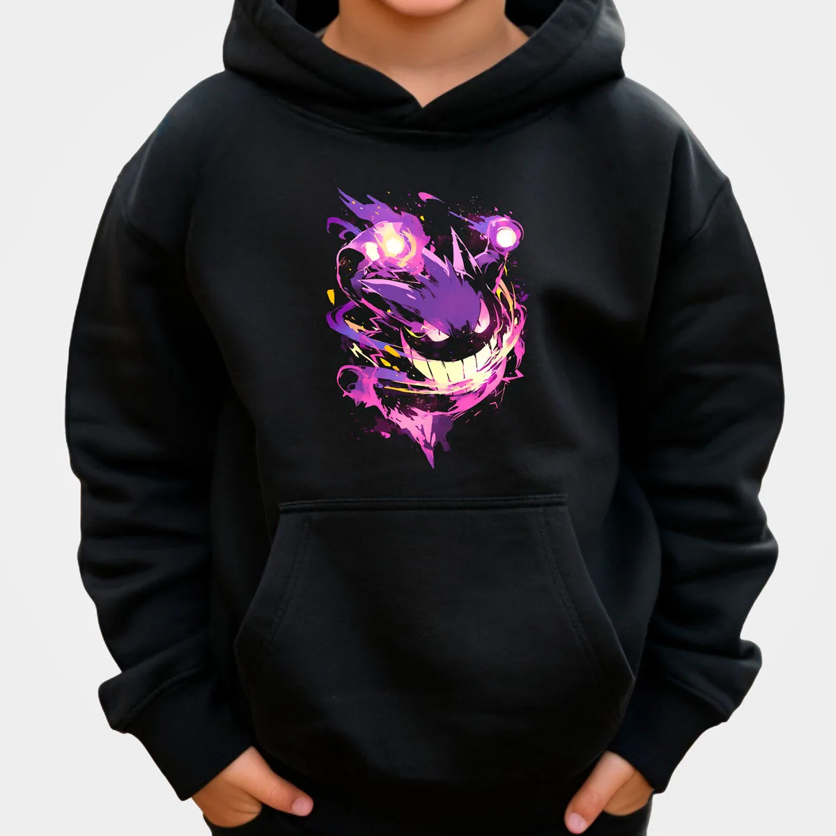 Pokemon Anime Gengar Sudadera con capucha de algodón Color negro Estampado de salpicaduras colorido con Fiery Aura Ajuste suelto Otoño Invierno Calor