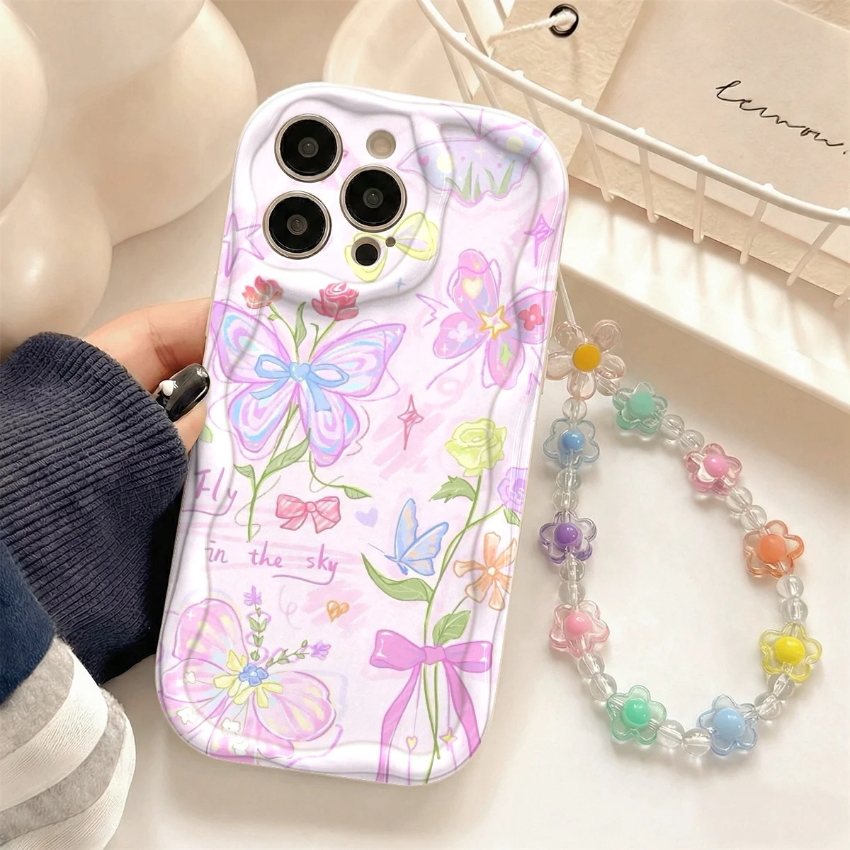 Pink Butterfly Phone Case For Samsung Galaxy S25 Plus S26 S24 Ultra A56 A55 A57 A36 A36 A07 A17 A27 Wrist Strap Lanyard Cover