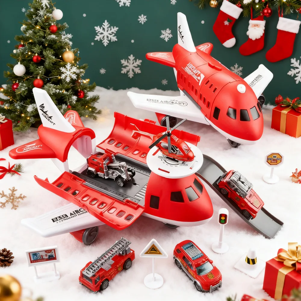 

Рождественский подарок! Модель трансформирующего инерционного самолета с хранилищем — 3 игрушечных машинки + 1 мини-самолет в комплекте, цветная коробка