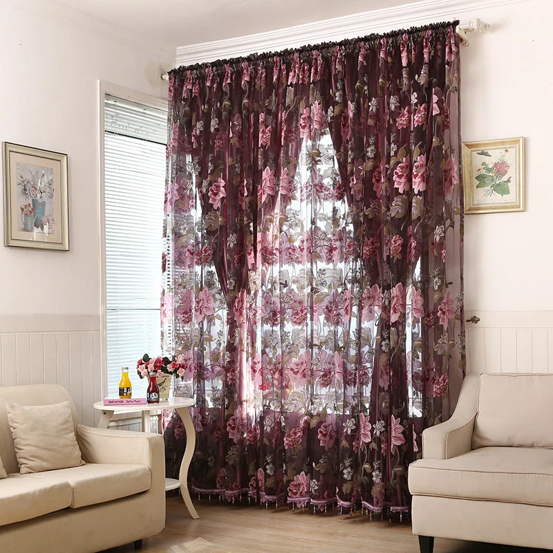 Pastoral Curtains for Living Room Dining Room Bedroom Balcony Bay Window Tulle Peony Purple Light Transmission Pink Beige Flower