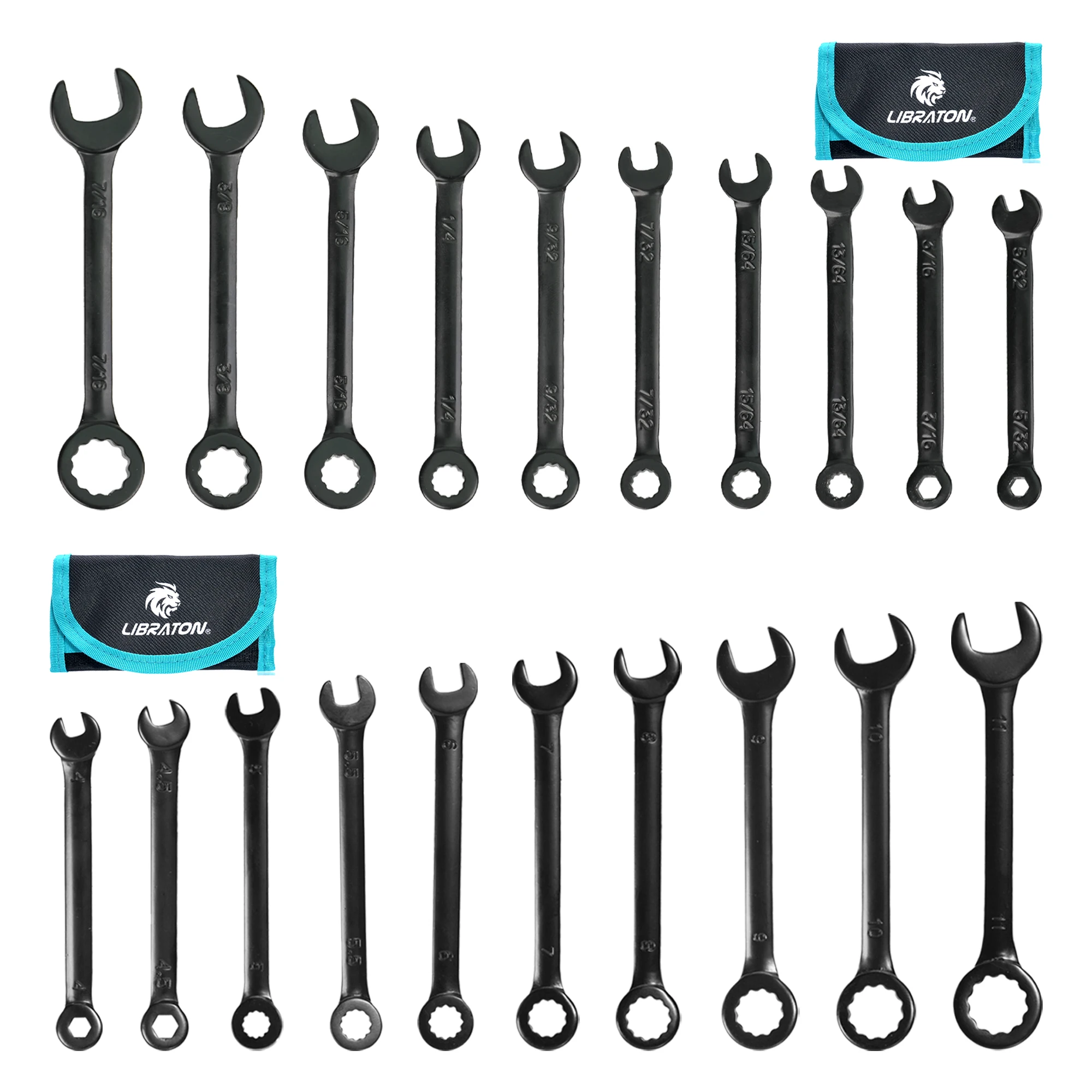 Libraton-mini Conjunto de Chaves Aço Carbono Bolsa Organizadora Leve Métrica 411 mm Sae 32 16 Open End e Box End 20 Unidades