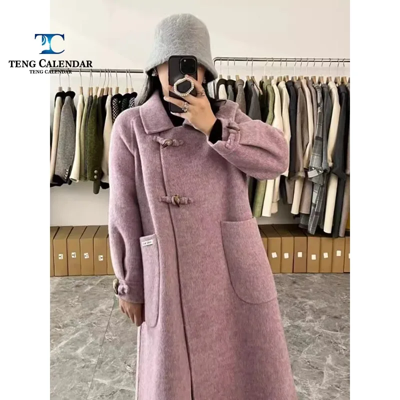 Women's Winter Woolen Coat, Long Hair Cowhide Button, Medium Length, Knee Length, Thickened, Double-Sided Cashmere Coat, New, 20