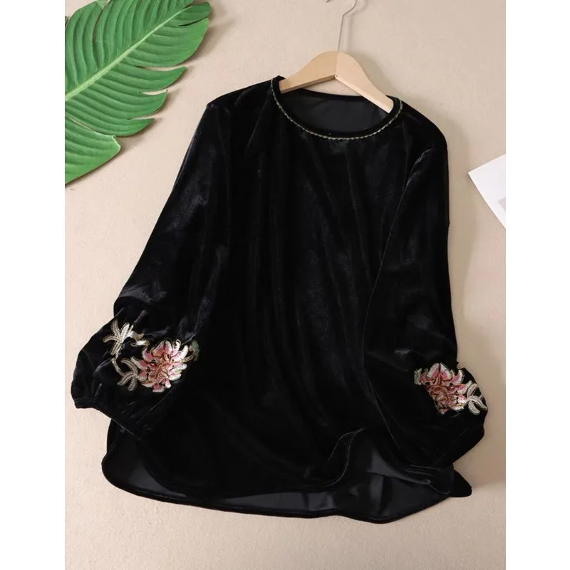 

Тонкая футболка с длинными рукавами и вышивкой 2025, золотой бархат, свободная вышитая футболка с круглым вырезом и длинными рукавами, пуловер