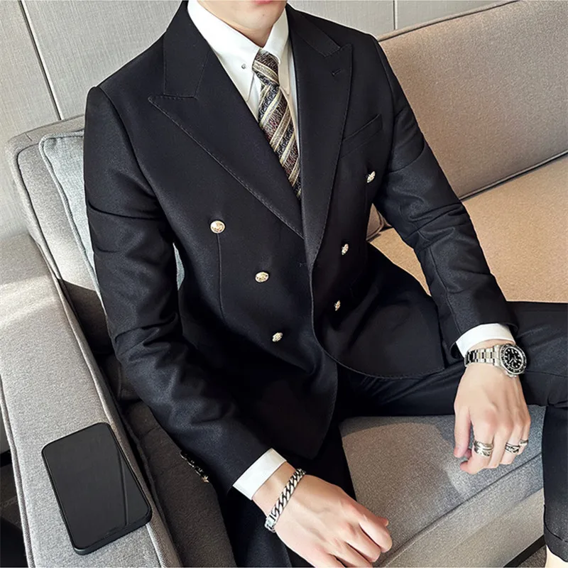 

British Style Men Double Breasted Suit 2Piece Fashion Simple Gentleman Business Banquet Dress Homme Slim Wedding Blazer Pant