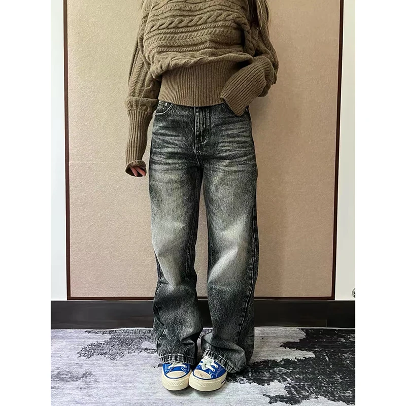 

YIBASHU Women Gray Y2K Gyaru Baggy Jeans Vintage Harajuku Boyfriend style Jeans Pants Grunge Oversize Wide Leg Denim Trousers