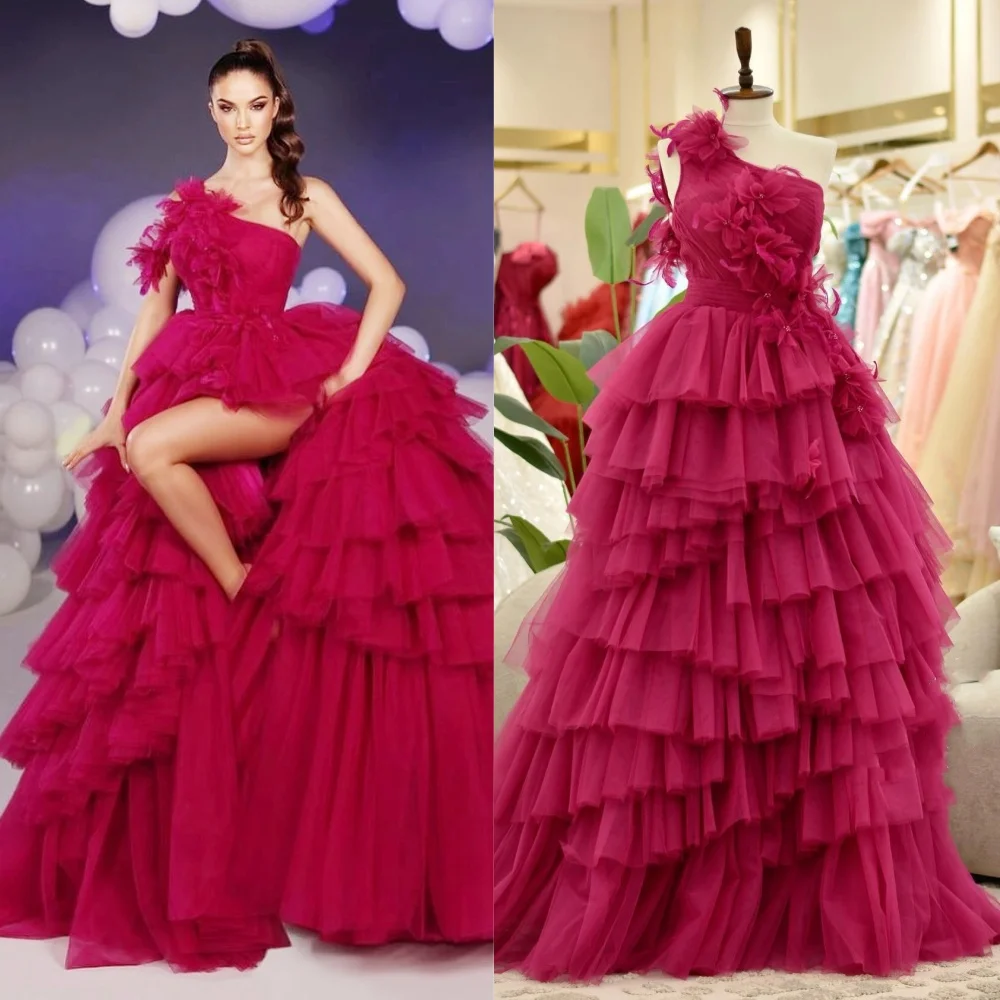 

Customized Tulle Tiered Flower Beading Ruched Graduation A-line One-shoulder Bespoke Occasion Gown Long Dresses