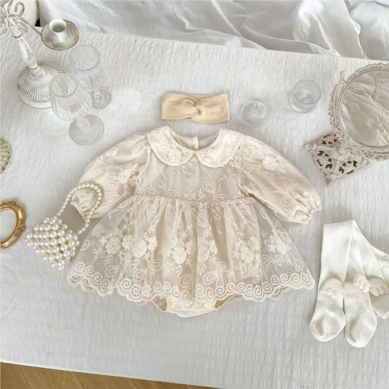 Newborn Baby Girl Cotton Princess Tulle Dress Romper Infant Long Sleeve Lace Embroidery Jumpsuit Autumn Birthday Clothes 3-18M