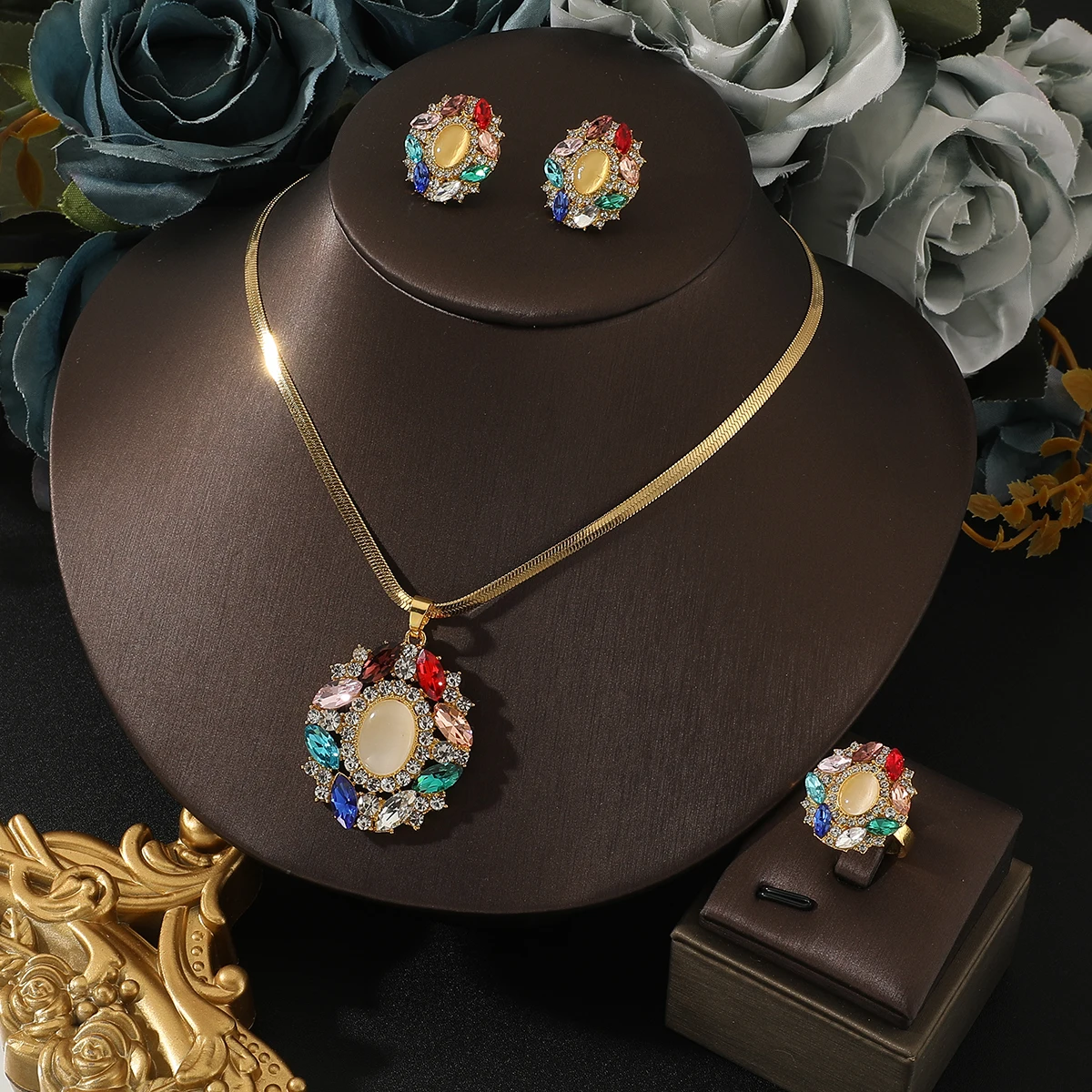 Luxury Women Cat’s Eye New Design Ring+ Necklace +Earrings Zircon micropaved high quality non-fading golden Ladies Jewelry Set