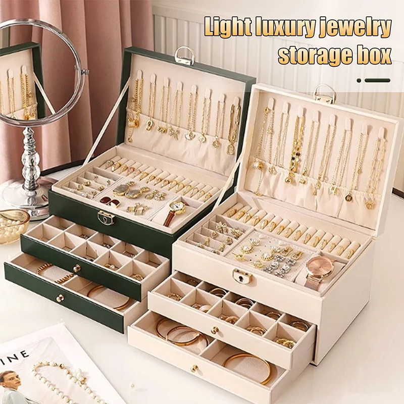 

[THG] 3 Layers Jewelry Organizer Christmas Gift For Lady With Lock Necklace Earring Jewelry Box