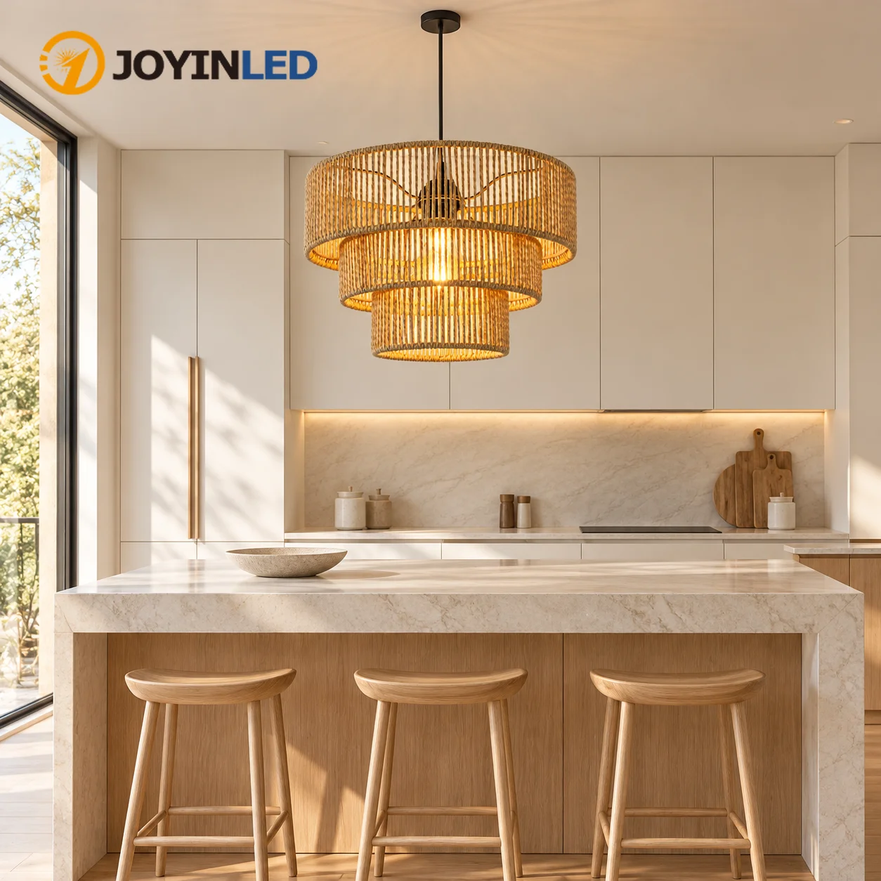 32CM Handwoven Rattan Wicker Chandeliers 3 Tiers Layered Shade Ceiling Hanging Light for Dining Room Bedroom Living Room E27