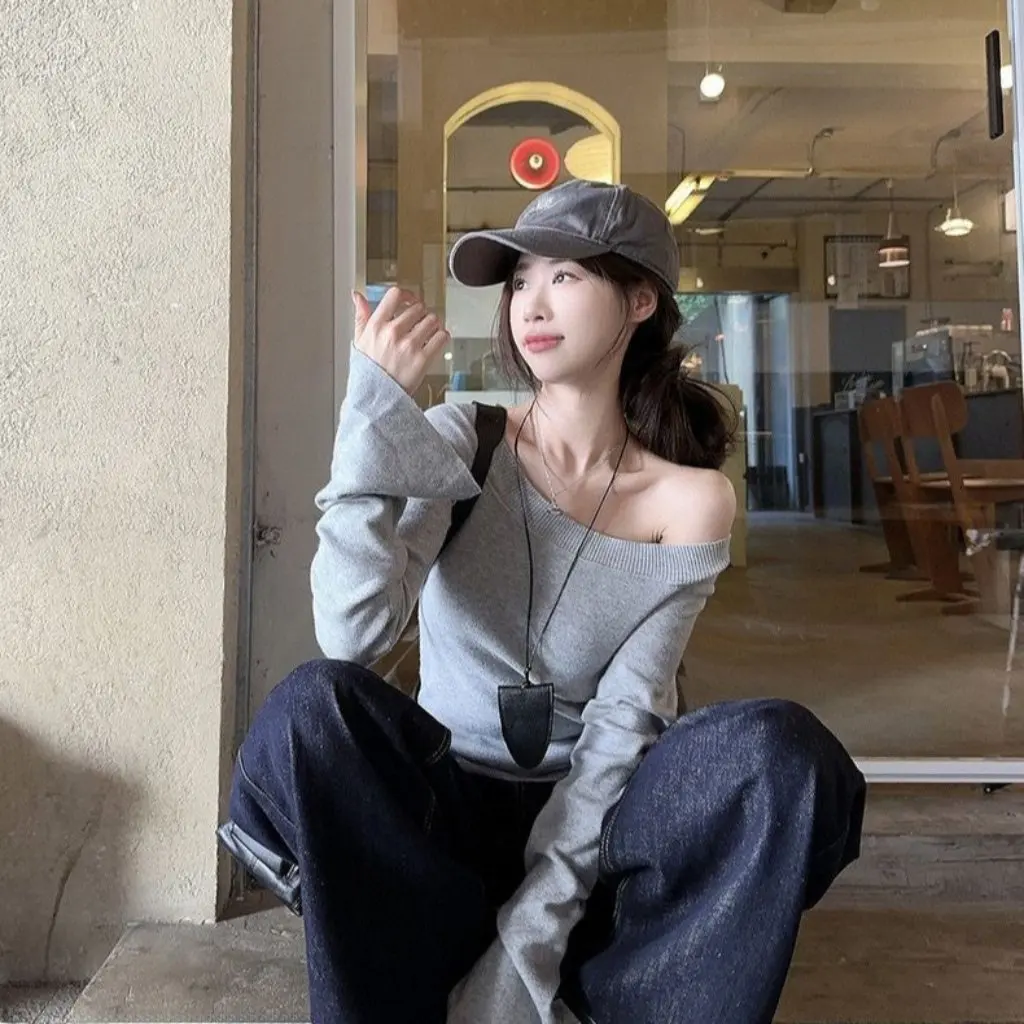 

Off-Shoulder Slim-fit Long-Sleeved T-shirt Autumn New Style Sexy Pure Desire Niche Spice Girls Top for Women