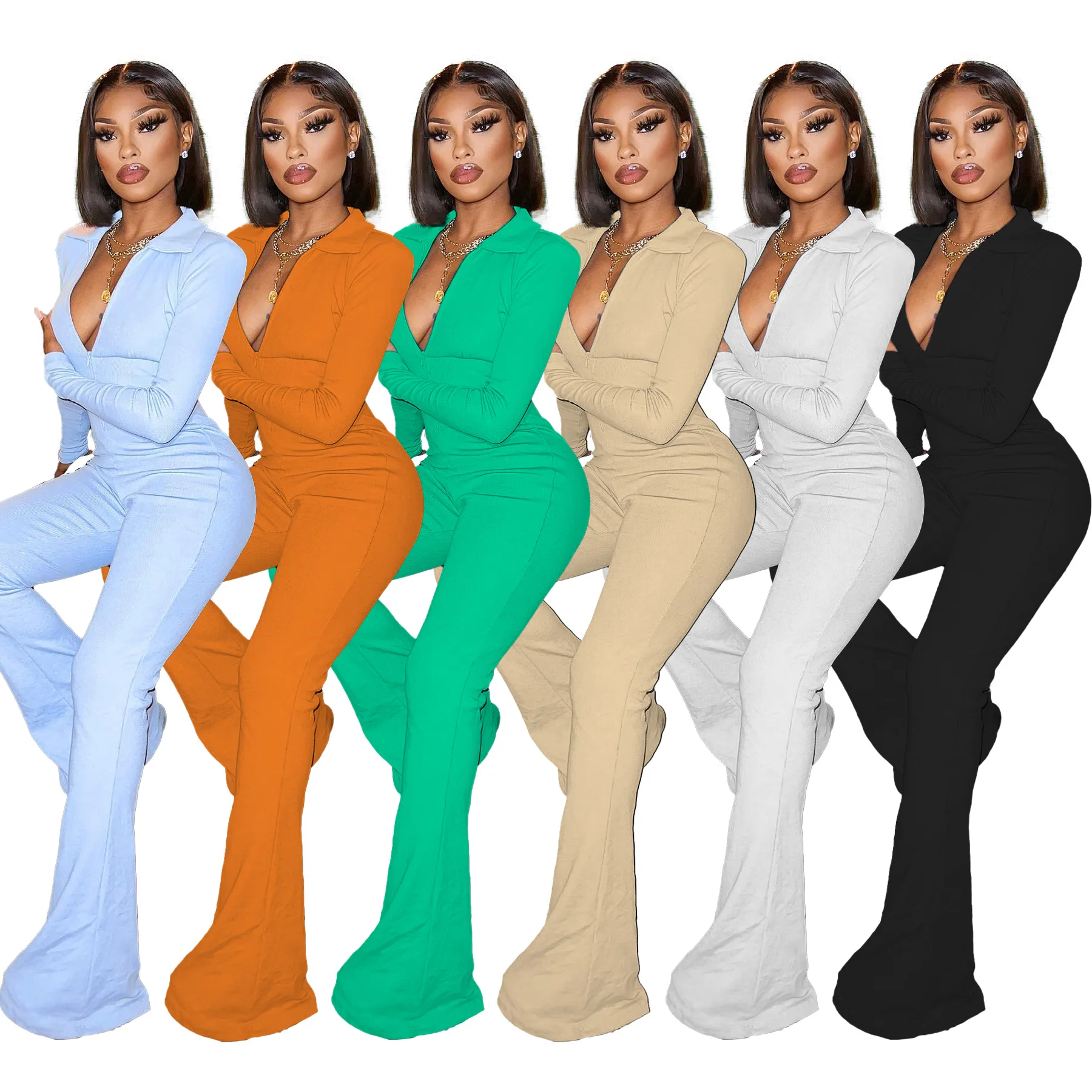 

Summer Sexy V Neck Bodycon Long Sleeves High Jumpsuit 2023 Women Solid Color Jumpsuits Y2k Streetwear Wide Leg Romper Mujer