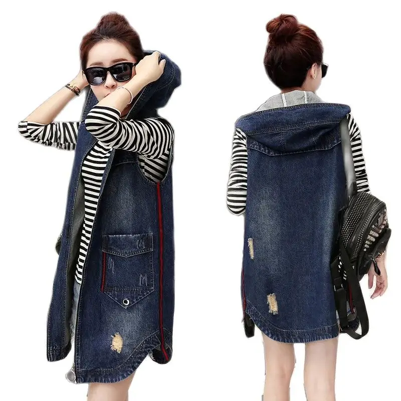 

Spring Autumn Mid-Long Denim Waistcoat Women 2023 New Loose Hooded Vest Coat Fashion Hole Sleeveless Jacket Outerwear Female