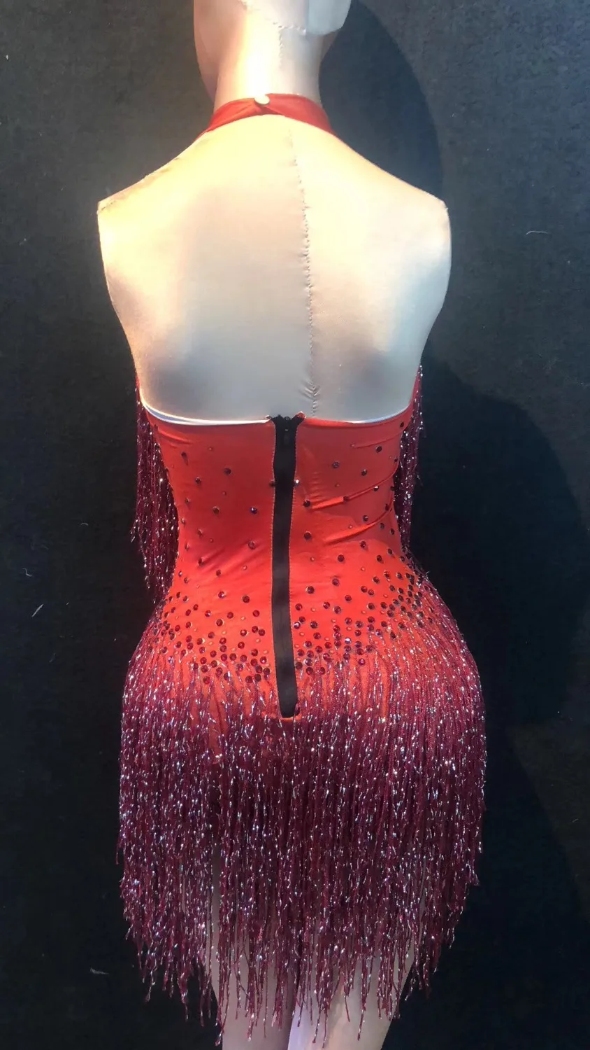 Women New Red Tassel Sexy Shiny Rhinestone Bodysuit Party Bar Stage Outfits Dj Female Singer Performance Costume Dance Wears