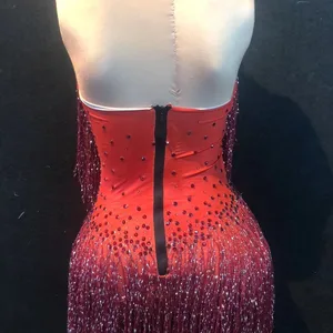 مثير لامع حجر الراين زي للنساء الأحمر شرابة المرحلة الملابس أنثى المغنية الأداء زي الرقص اللباس حزب بار جديد أفضل 6 ملابس مغني عرض مبيعا - رقم 5