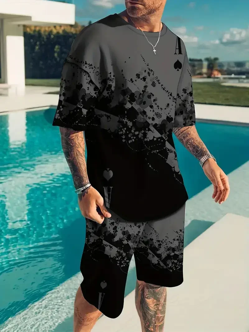 Summer Casual T Shirt+Shorts Suit Street Short Sleeve Sportwear Creative Playing Card Pattern Men Clothing 2-piece Sets 3D Print