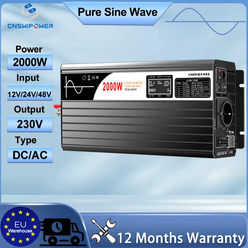 CNSWIPOWER Inversor de Onda Sinusoidal Pura de 2000W, Convertidor de Energía Portátil de CC 12V/24V/48V a CA 230V para RV, Camping, Hogar y Emergencias